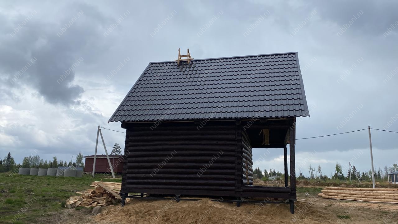 Баня из бревна 5 на 4 с террасой под усадку — фото 2 Баня из бревна 5 на 4 с террасой под усадку — фото 2